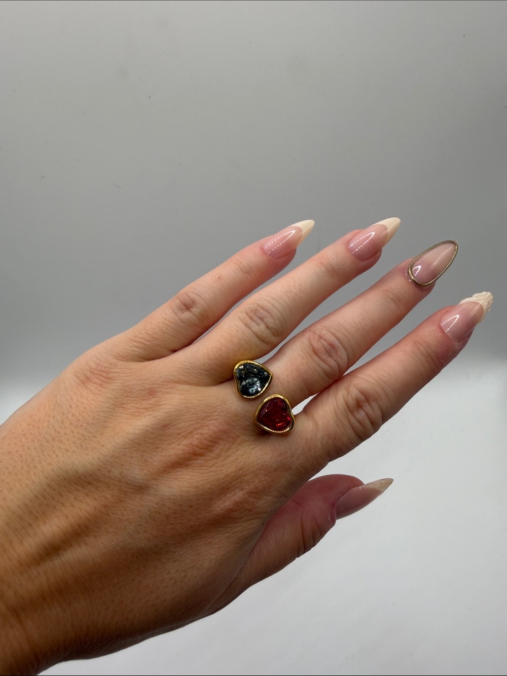 131. Gold Heart Double-Station Ring with Pink and Blue Stones Size 7